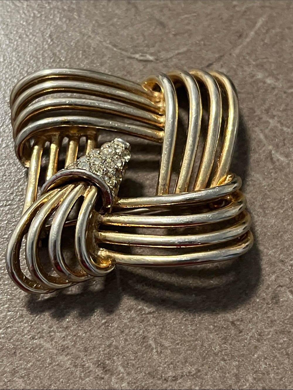 Vintage Two-Tone Gold & Silver Knot Brooch with Pave Accent 2”x2”